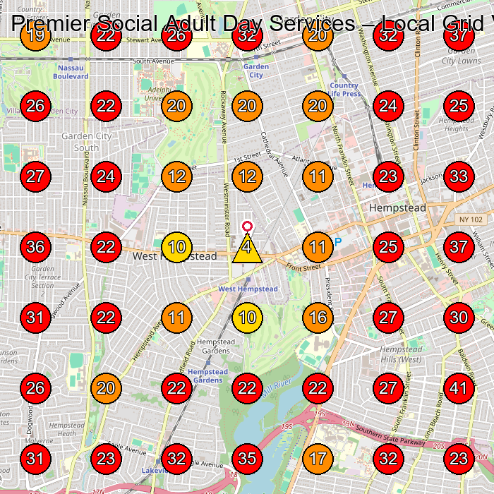 Premier Social Adult Day Services GeoGrid visibility map for Adult Day Care Center in 320 S Broadway